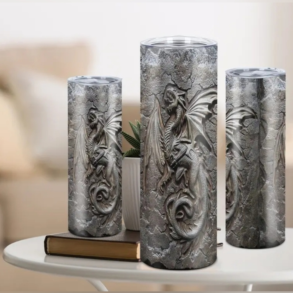 20oz Stainless Steel Tumbler. Dragons. With box and straw.